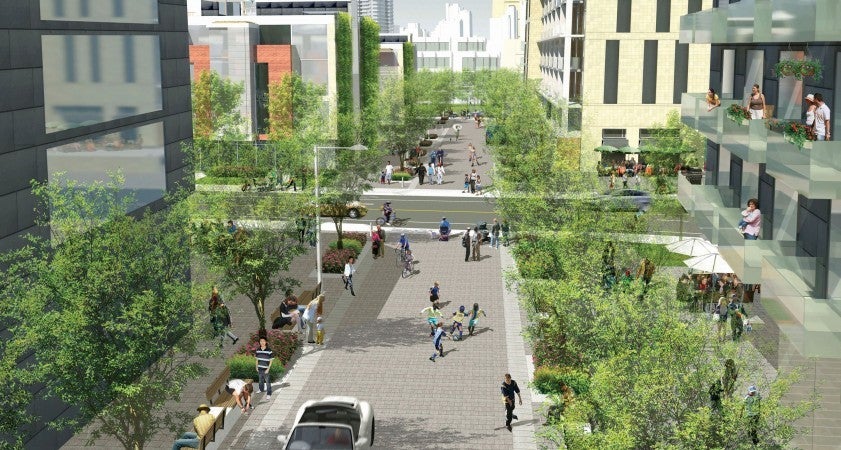 Artist's rendering of the streetscape in the West Don Lands.