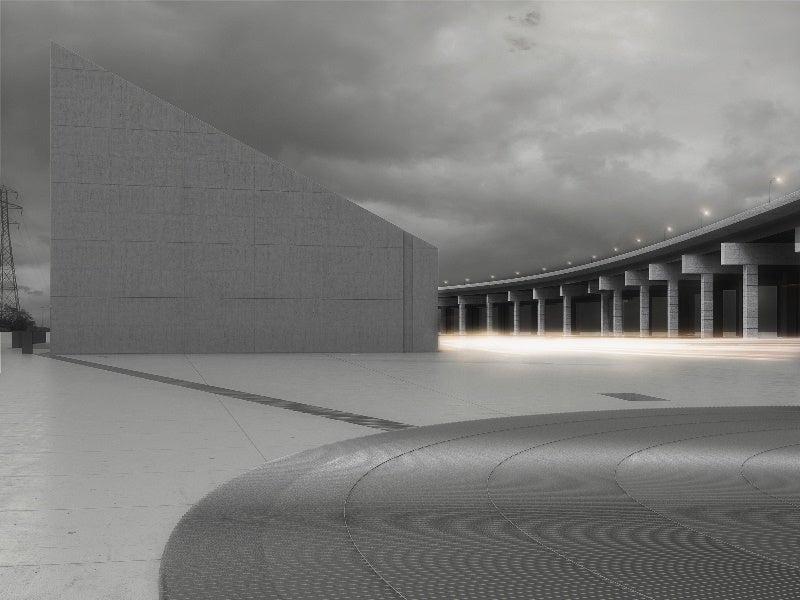rendering of a concrete building next to an elevated expressway
