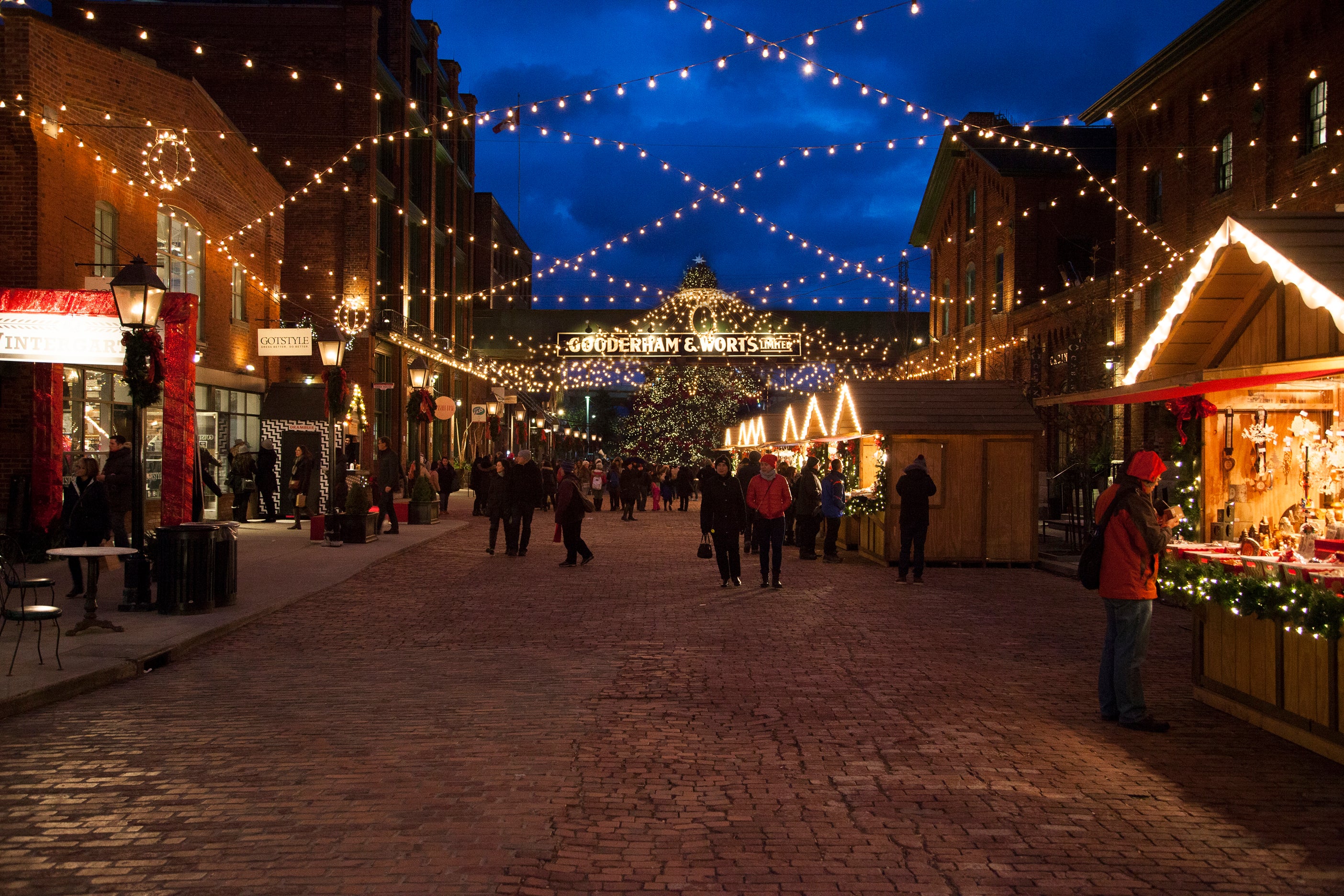 A view of the Toronto Christmas Market in the Distillery District.