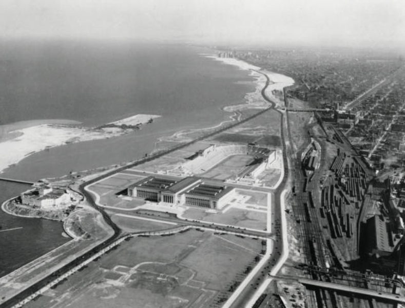 Chicago’s waterfront during the same time period paints a different picture, with Soldier Field beginning to take shape south of Michigan Avenue.