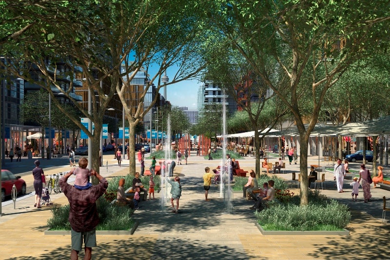 The Front Street Promenade in the West Don Lands depicts how new neighbourhoods along Toronto’s waterfront will create an eclectic urban environment for people to live, work and play.