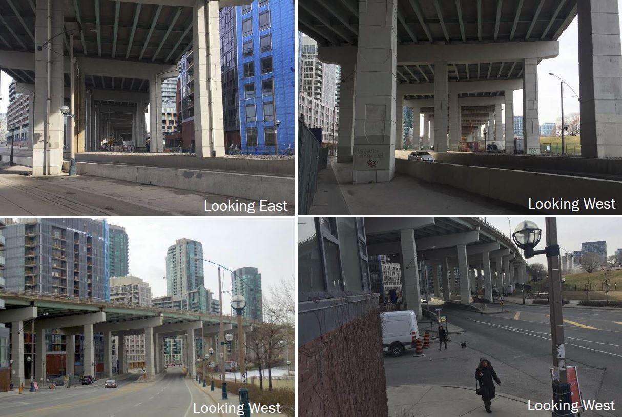 Four views of what Fort York Boulevard looks like where it crosses under the Gardiner