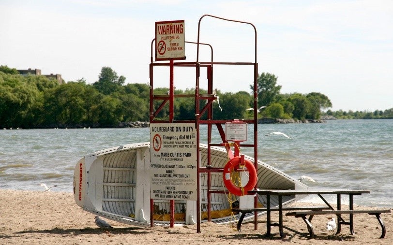 A picnic table, a life-guard post, a parked boat and a flock of diving gulls along the shoreline hint at possible beach activities (Image Credit: City of Toronto)