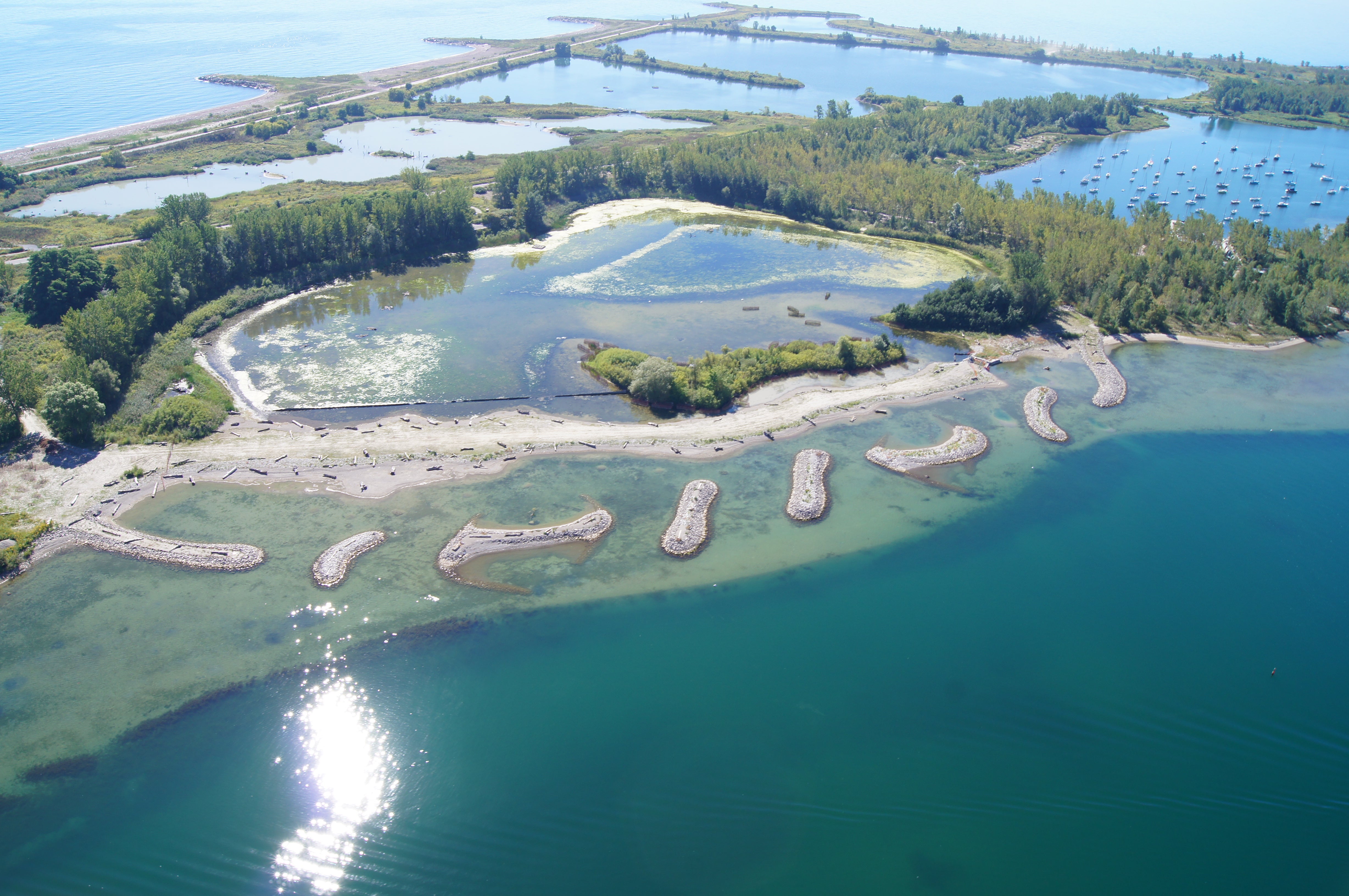 An aerial perspective of the expansive Tommy Thompson Park peninsula.