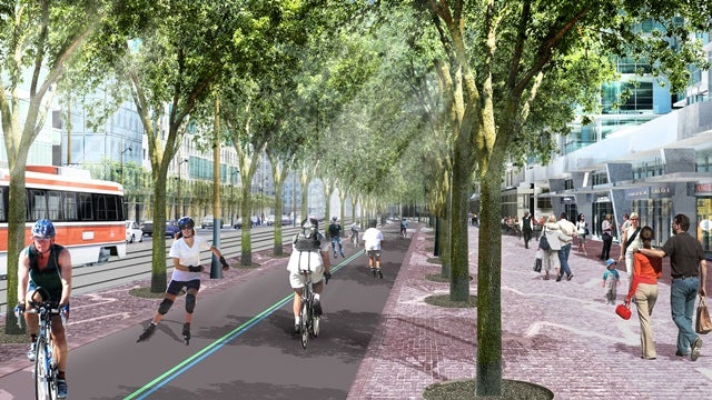 A rendering of the Martin Goodman Trail and pedestrian promenade along Queens Quay.