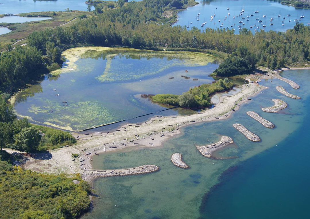 Aerial view of coastal wetlands restoration at Tommy Thompson Park