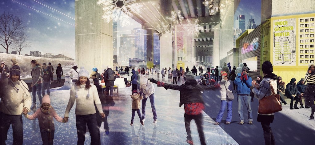 A new skating rink and trail proposed beneath the Gardiner Expressway.