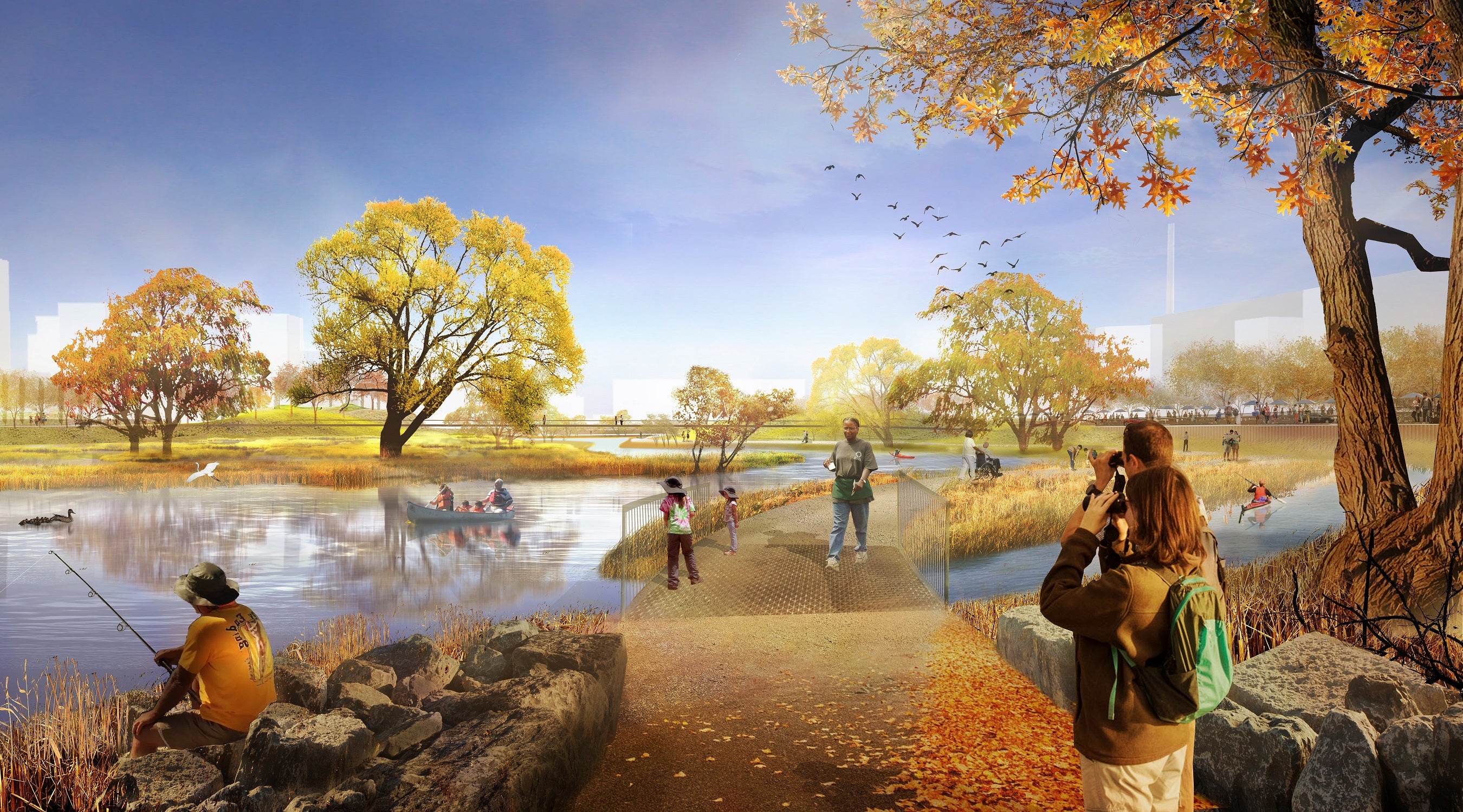 fall rendering showing people enjoying a new trail next to a river