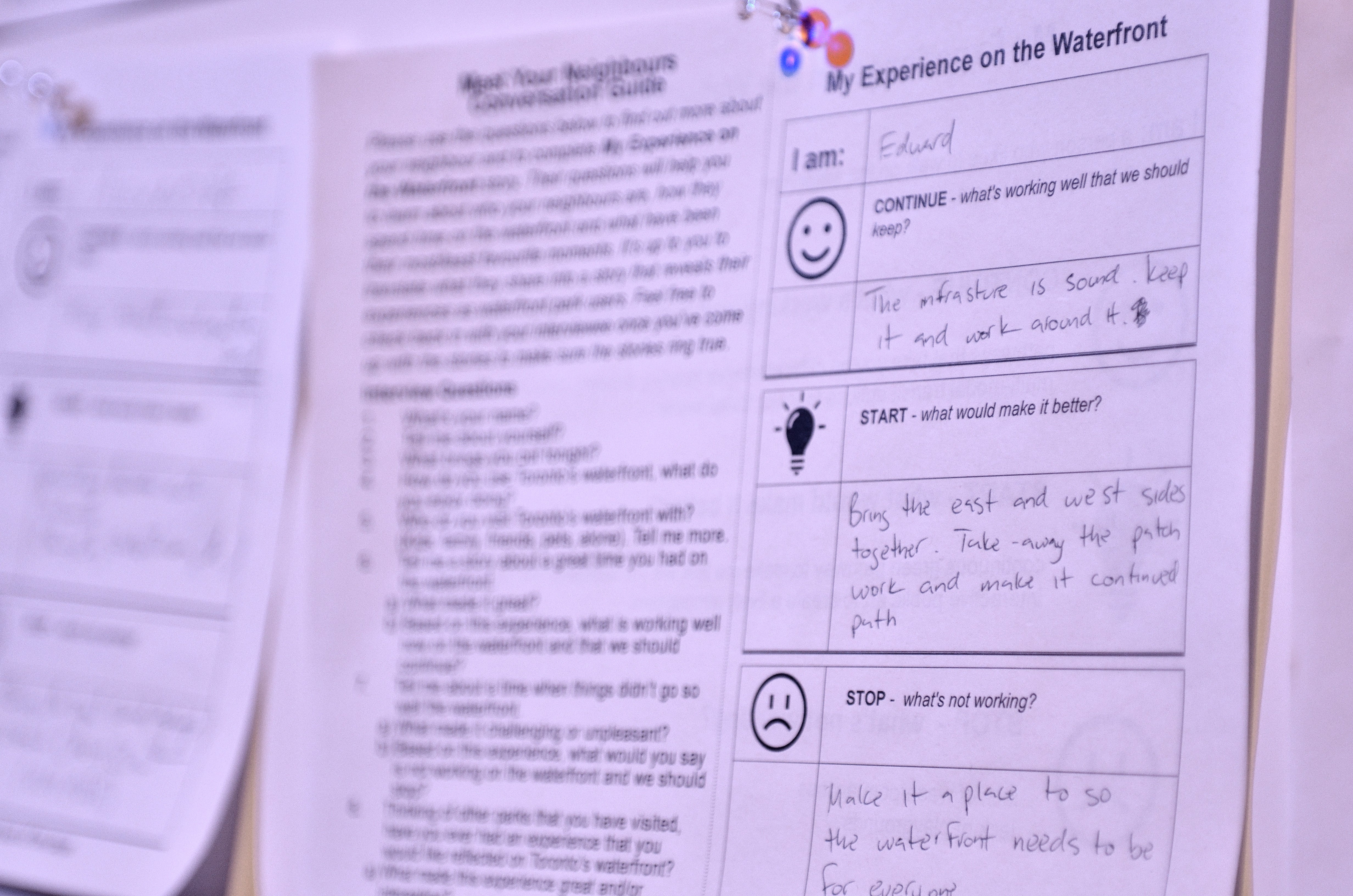 close-up of written worksheets from a public consultation