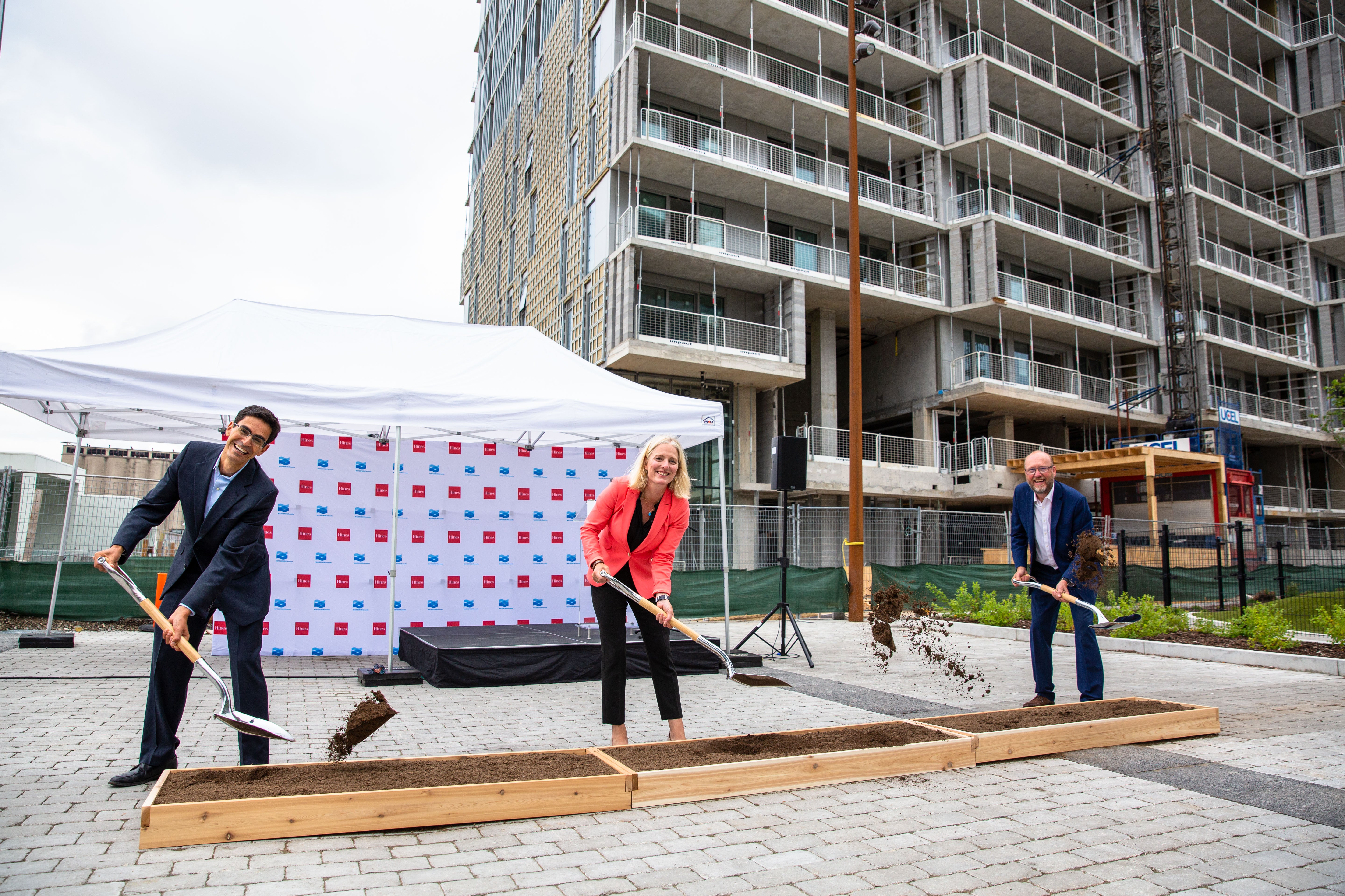 Avi Tesciuba, Catherine McKenna and George Zegarac at the T3 groundbreaking