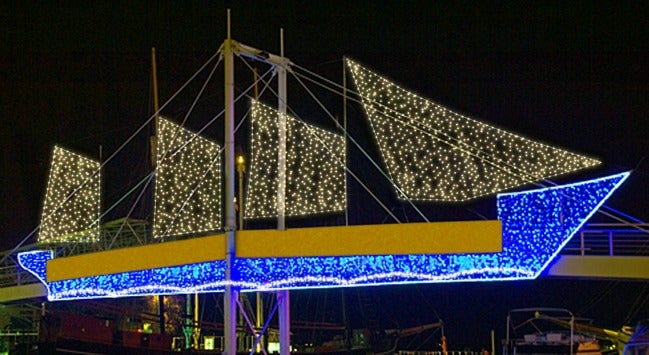 Tall ship bridge lit up for the Waterfront BIA's Spectacle of Lights