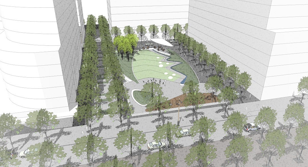 An aerial view of the preliminary design for Aitken Place Park, from the southwest.