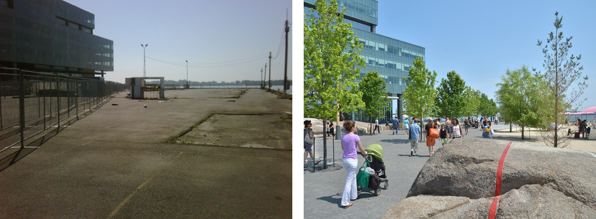 Two photos showing the before and after of Sugar Beach.