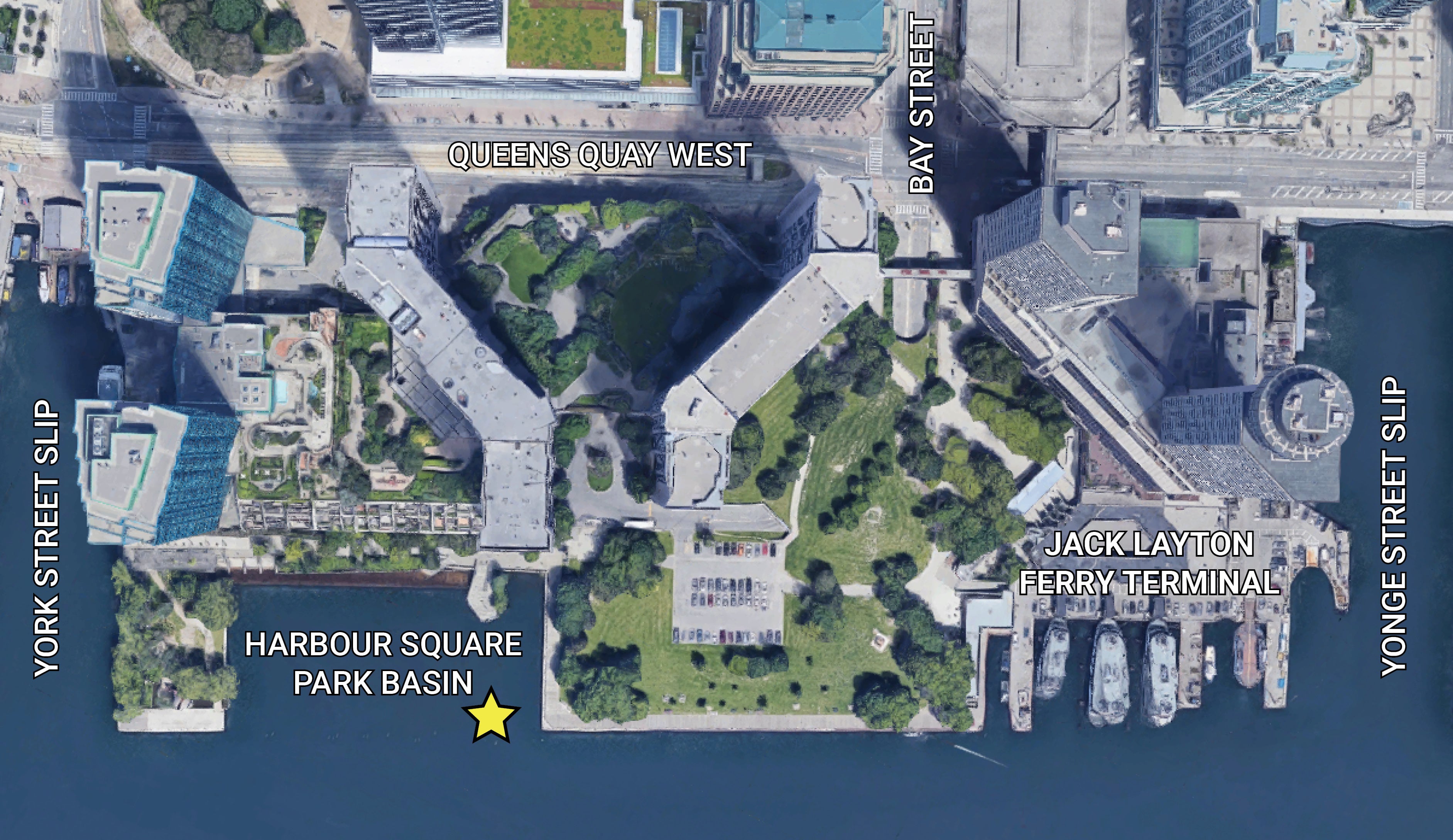 A map with a star denoting the location of the art installation in Harbour Square Park.
