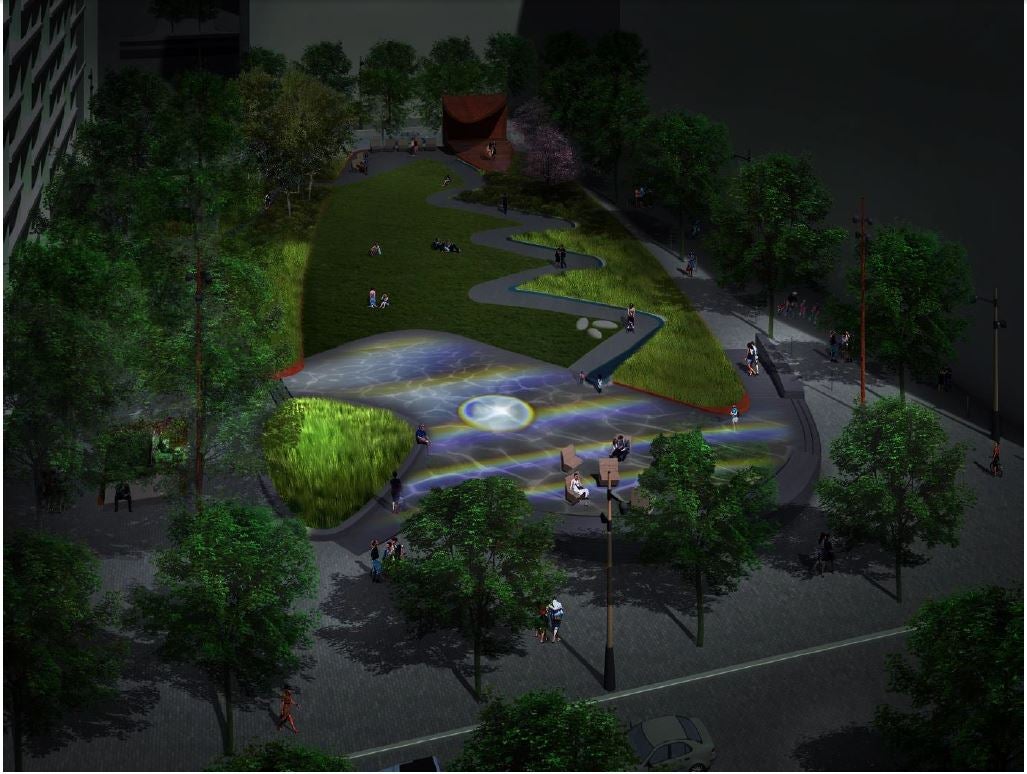 Rendering showing artists' concept for light projection at Aitken Place Park.