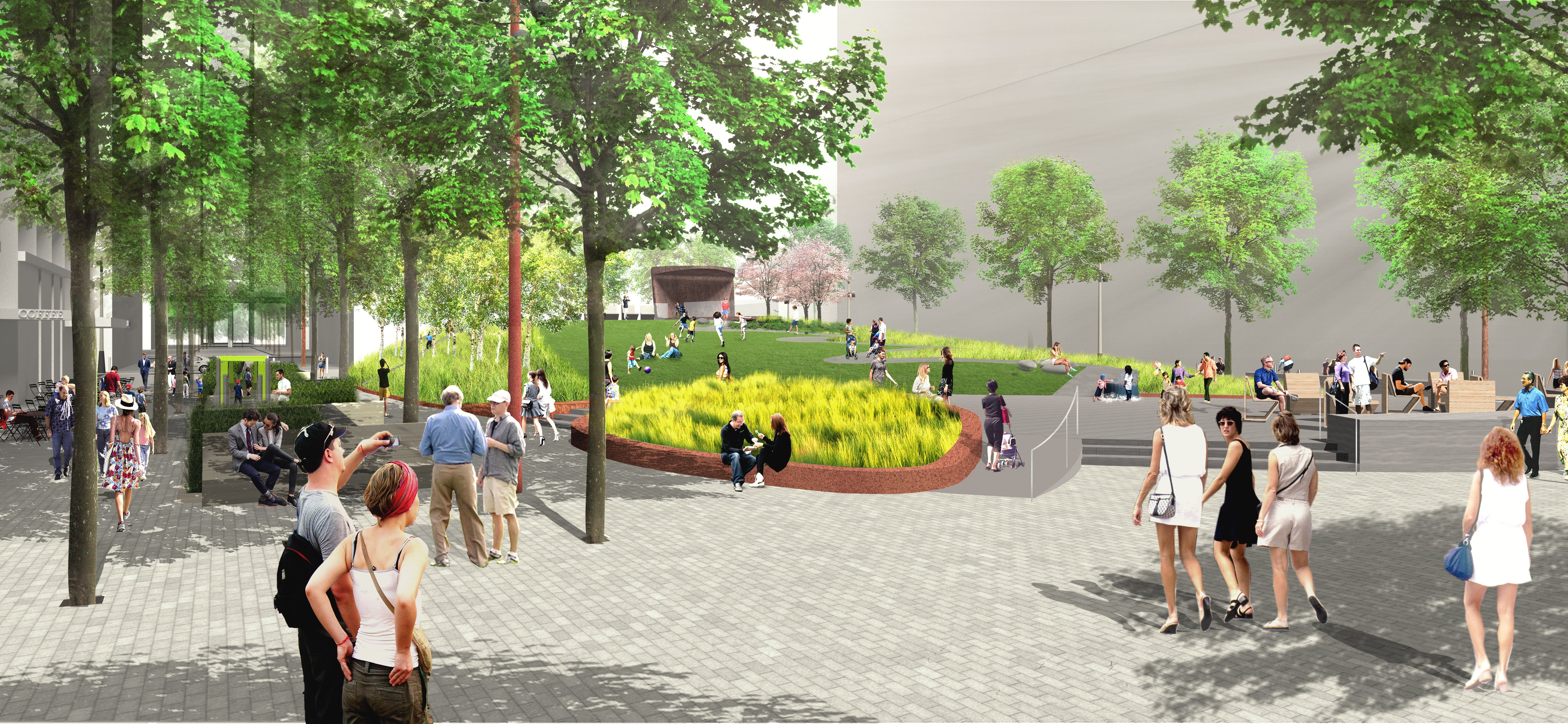A rendering showing people sitting on the future park's &quot;urban porch.&quot;