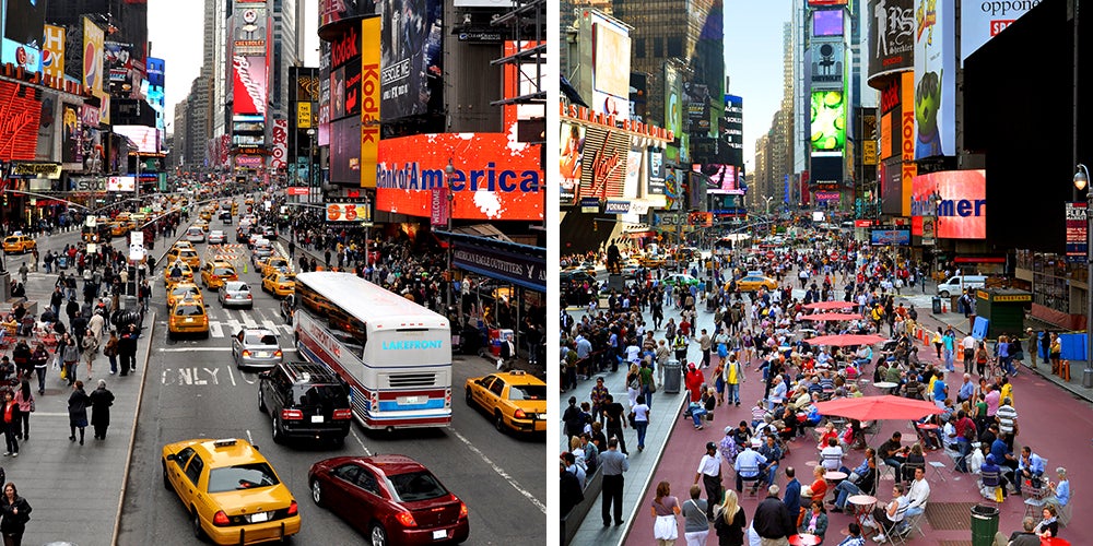 New York City's Times Square, before and after pedestrianization (Credit: New York City Department of Transportation on Flickr)