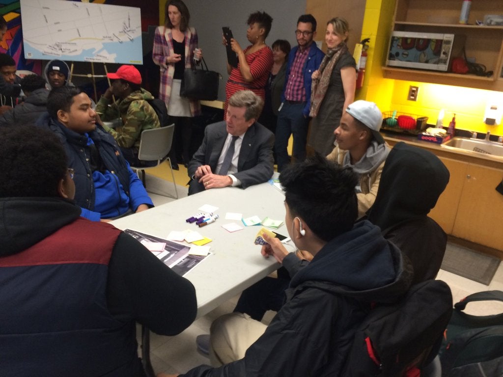 Mayor Tory joins the after-school youth group at Waterfront Neighbourhood Centre for a brainstorming session.