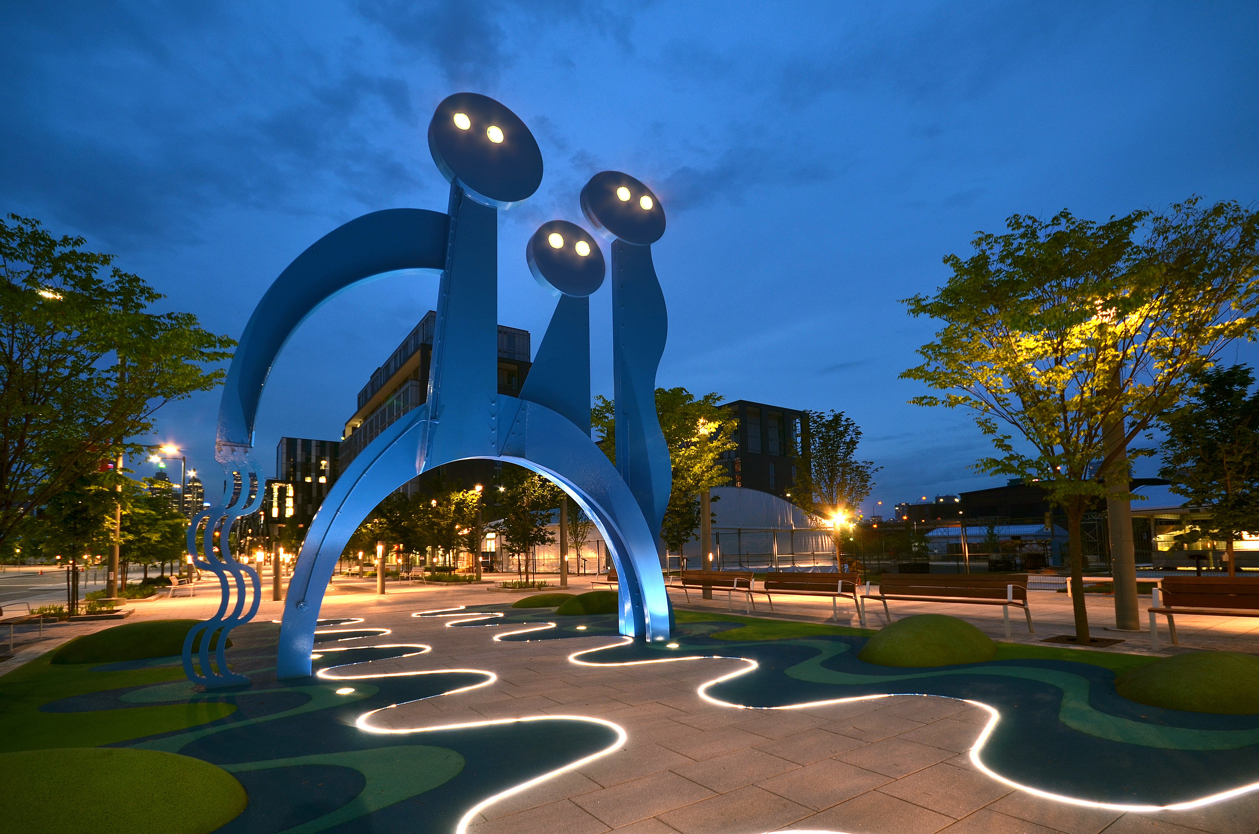 Located along the Front Street East promenade, &quot;The Water Guardians&quot; by Jennifer Marman and Daniel Borins is one of seven public art installations in the West Don Lands.