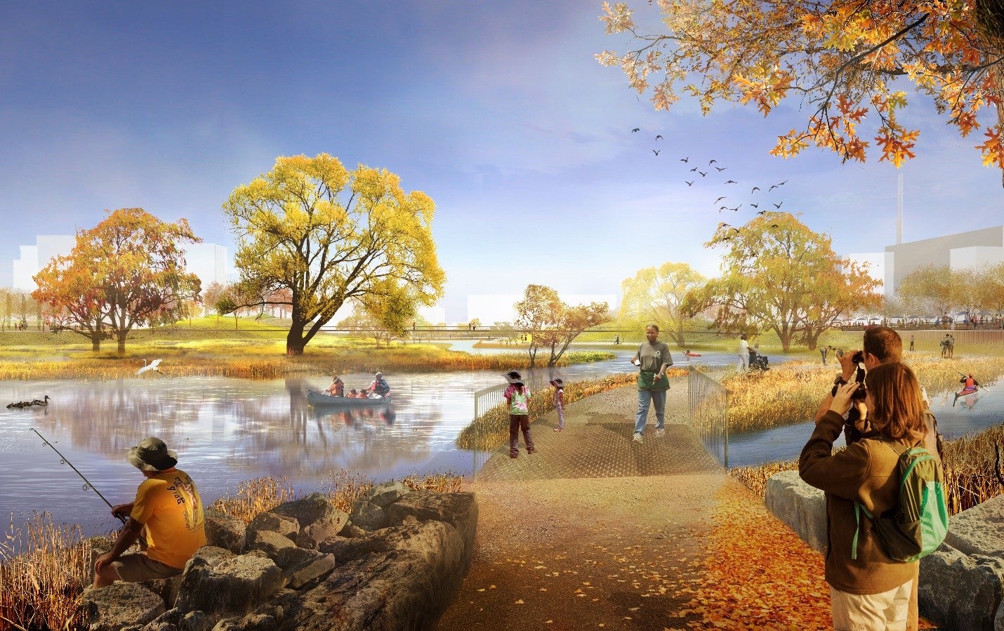 artist rendering of people enjoying a river path