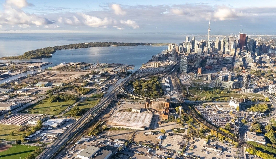 aerial view of Toronto looking west towards downtown and the waterfront