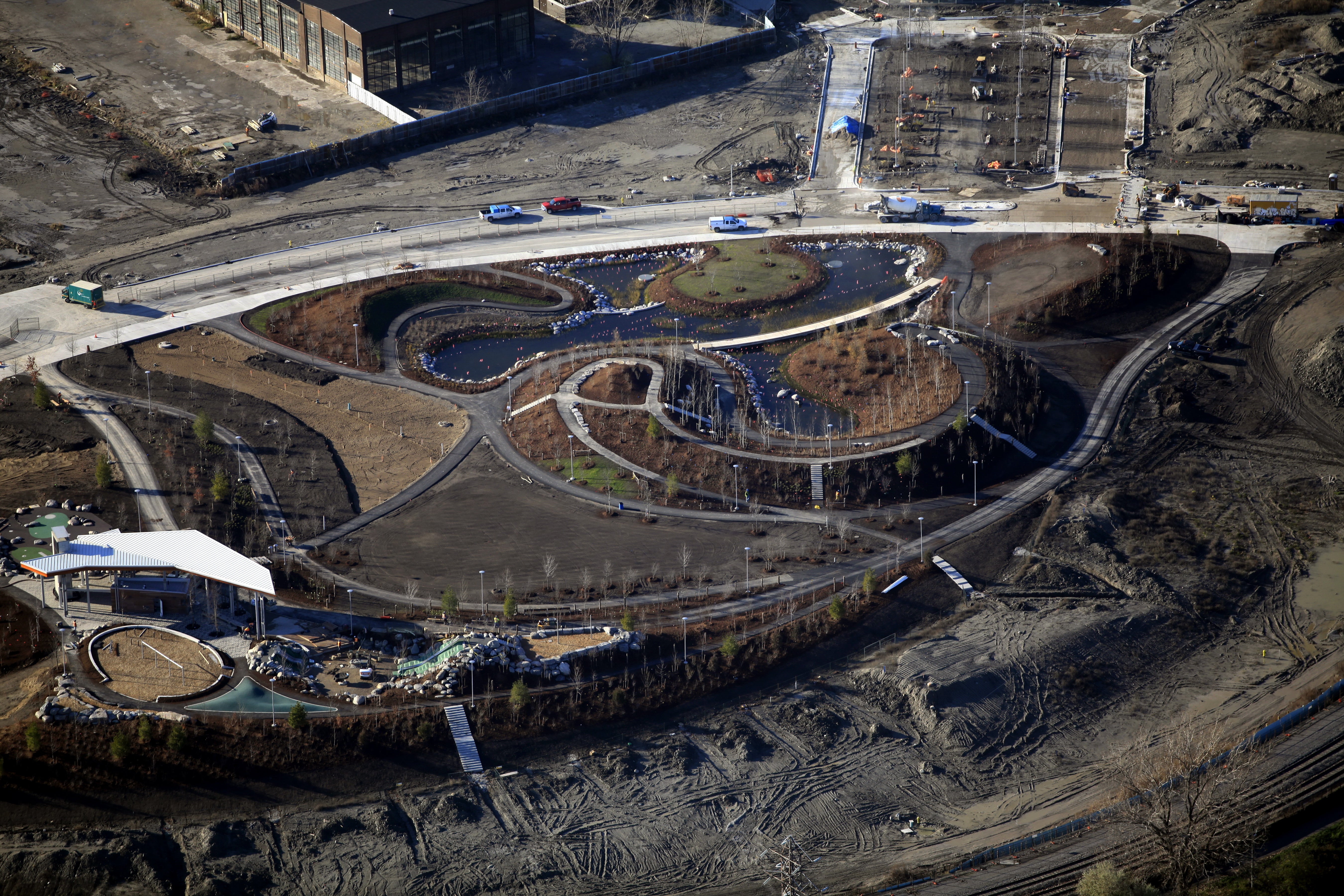 An aerial view of the flood protection landform under development in Corktown Common and the wider West Don Lands area.