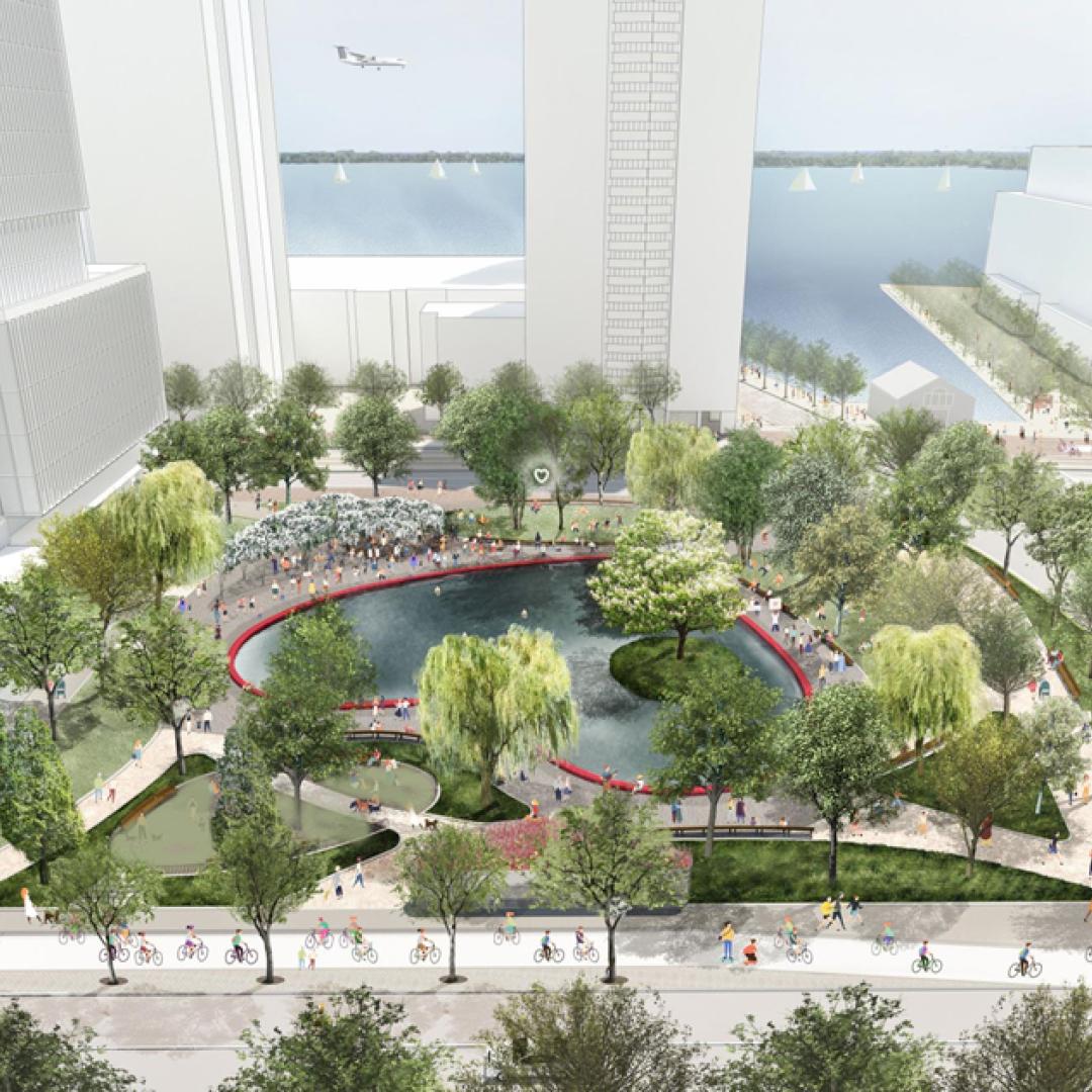 an artist rendering showing a bird's eye view of Love Park