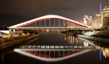 A red and white bridge with the city lit up at night
