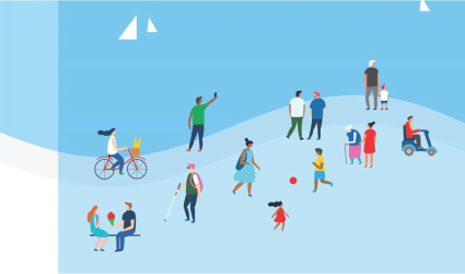 Illustration of people on the waterfront.  