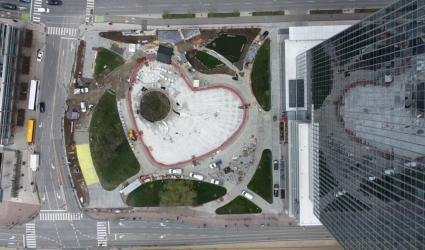 aerial view showing construction of a new urban park
