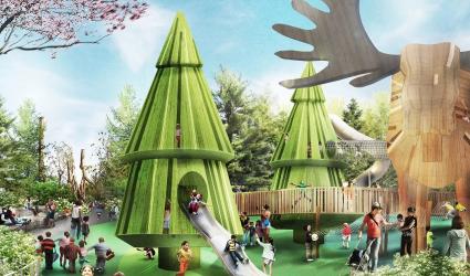a busy playground and giant moose structures shown in an artist rendering