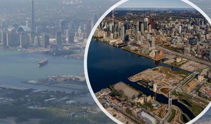 A view of Toronto's eastern waterfront on top of a photo before revitalization