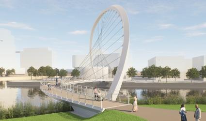 Artist Rendering of Keating Channel Pedestrian Bridge showing people walking by on a bright sunny day.