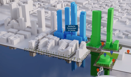 Illustrated model showing the future of Quayside project area. Text reads, Meeting the pressing need of housing.*