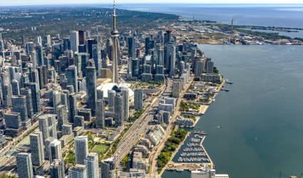 Aerial view of Toronto's waterfront looking east