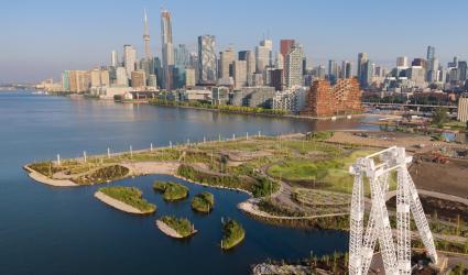Aerial perspective of Toronto's waterfront and skyline from Biidaasige Park