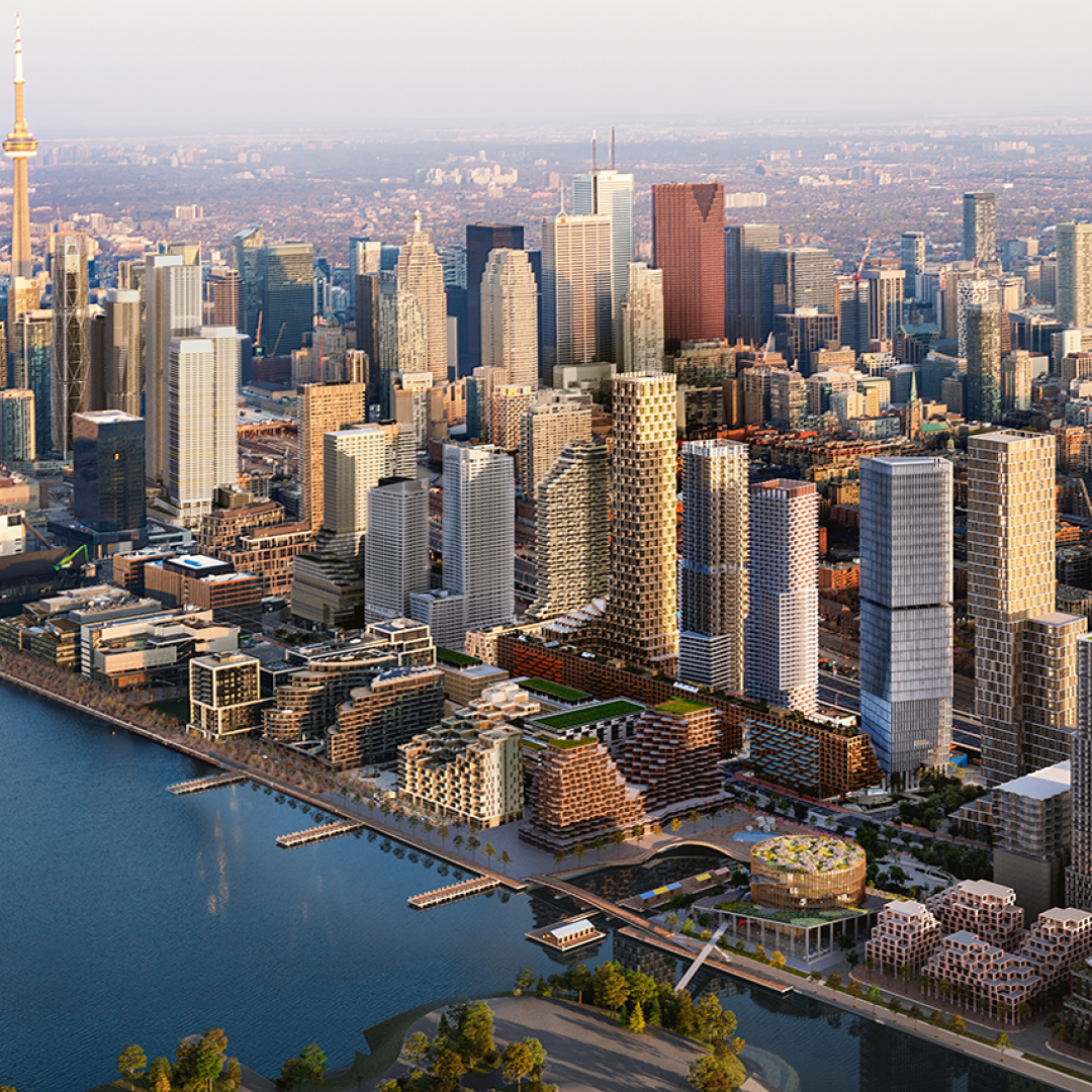 Aerial view showing rendered vision of Quayside