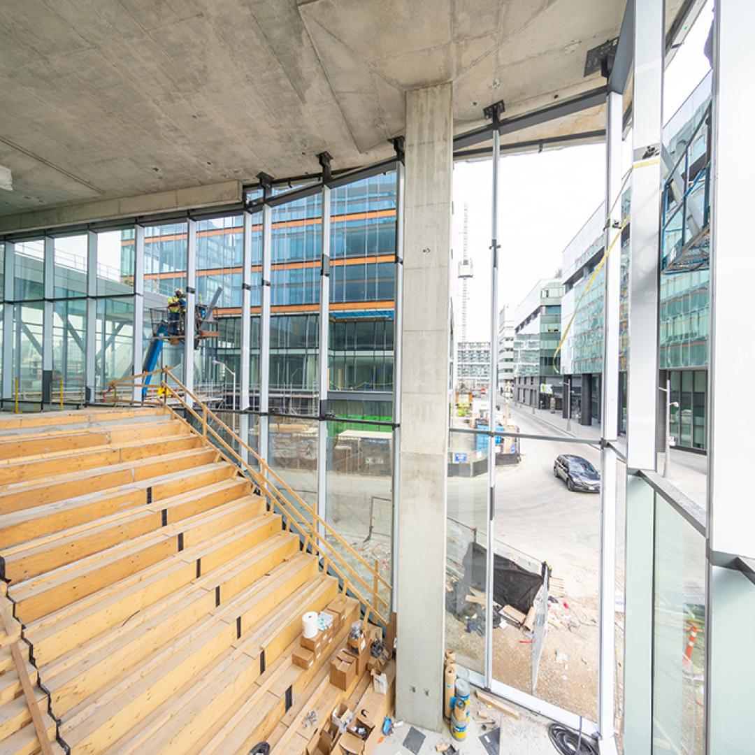 the interior of the Waterfront Innovation Centre bleachers under construction