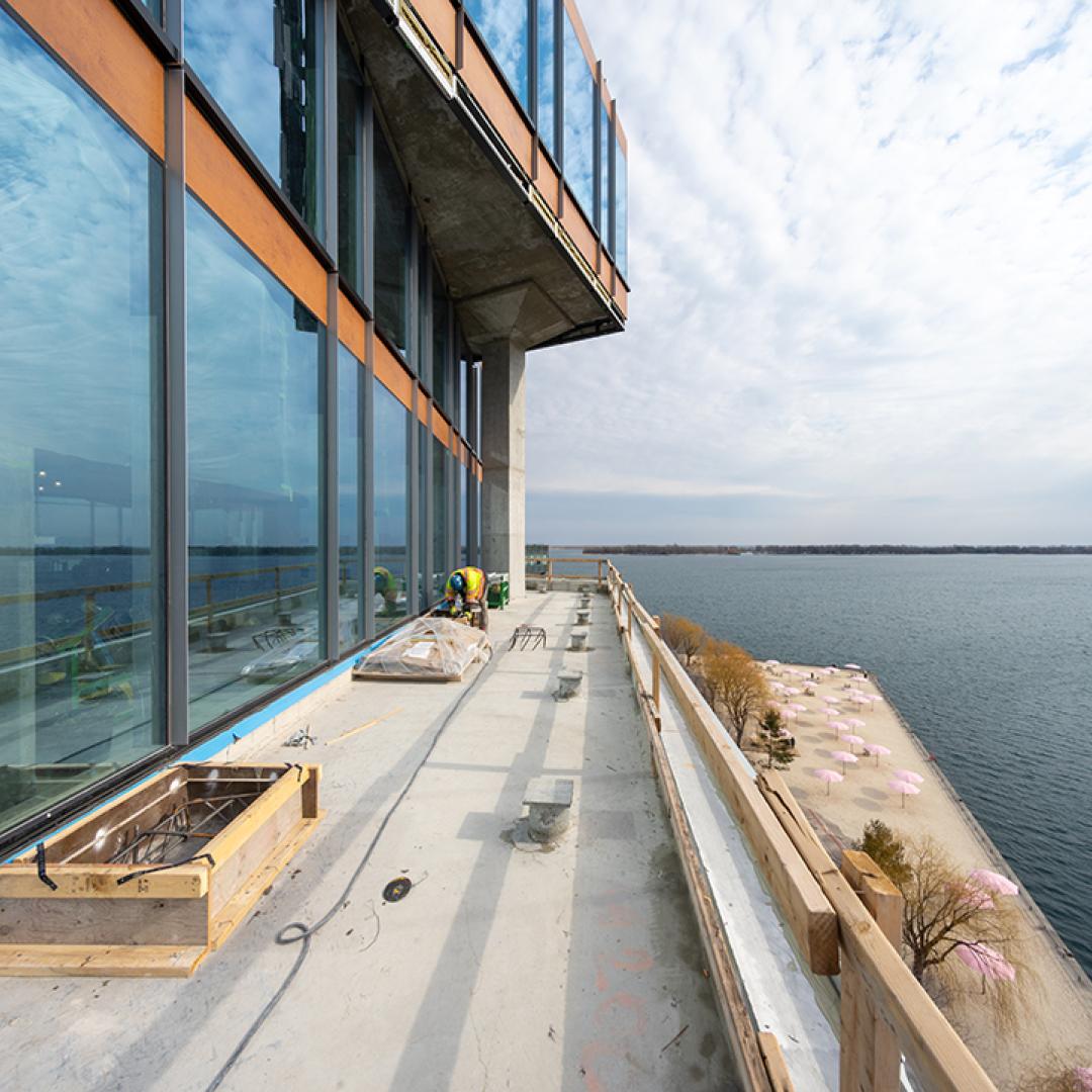 a photo showing construction on the rooftop terrace of the Waterfront Innovation Centre