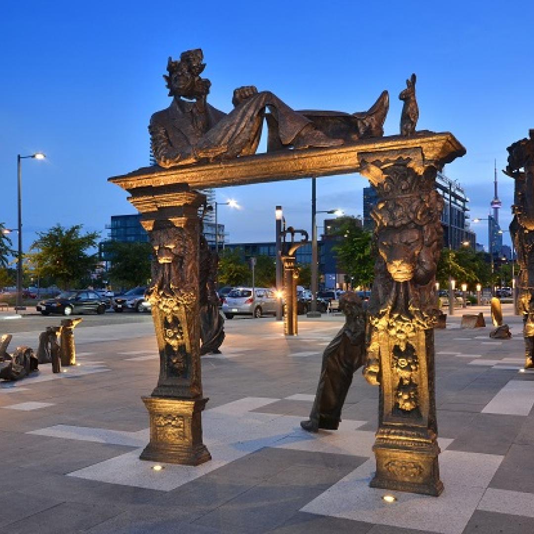 public art sculptures at dusk