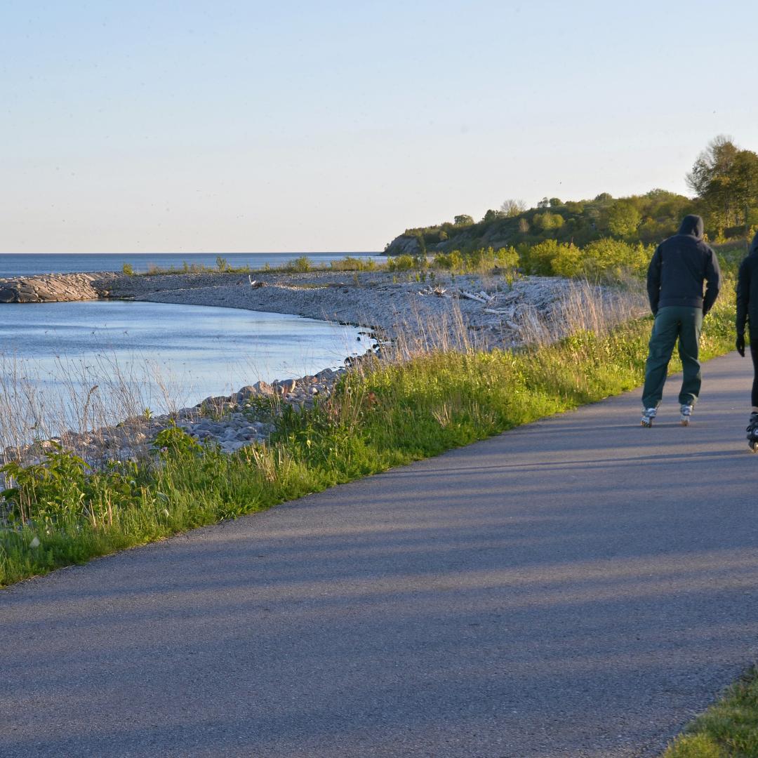 two people roller blading along a waterfront trail