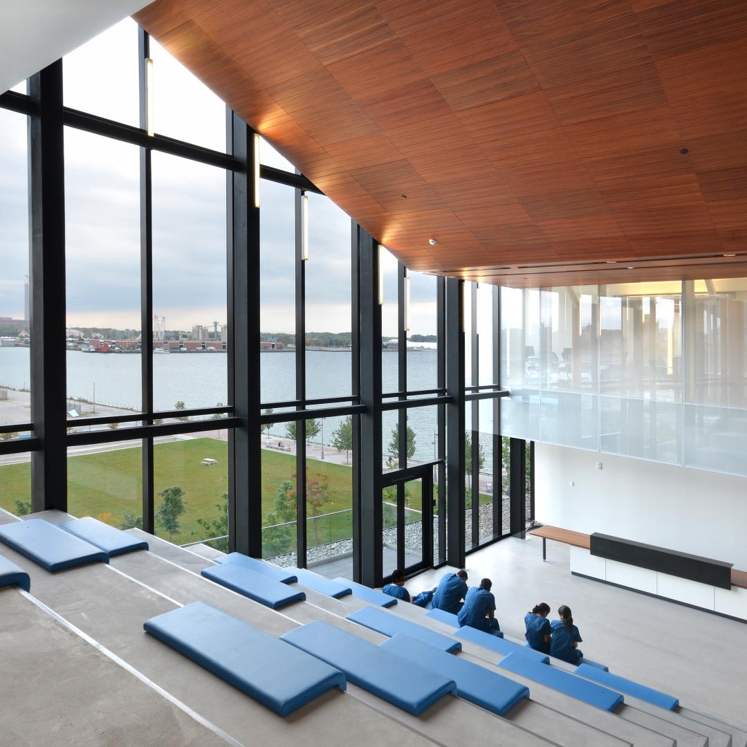 A photo showing the interior and theatre seating inside the George Brown College Waterfront Campus