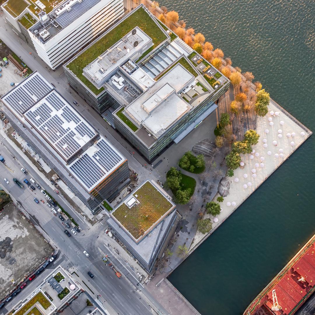 an aerial photo taken in fall 2021 showing the Waterfront Innovation Centre from above
