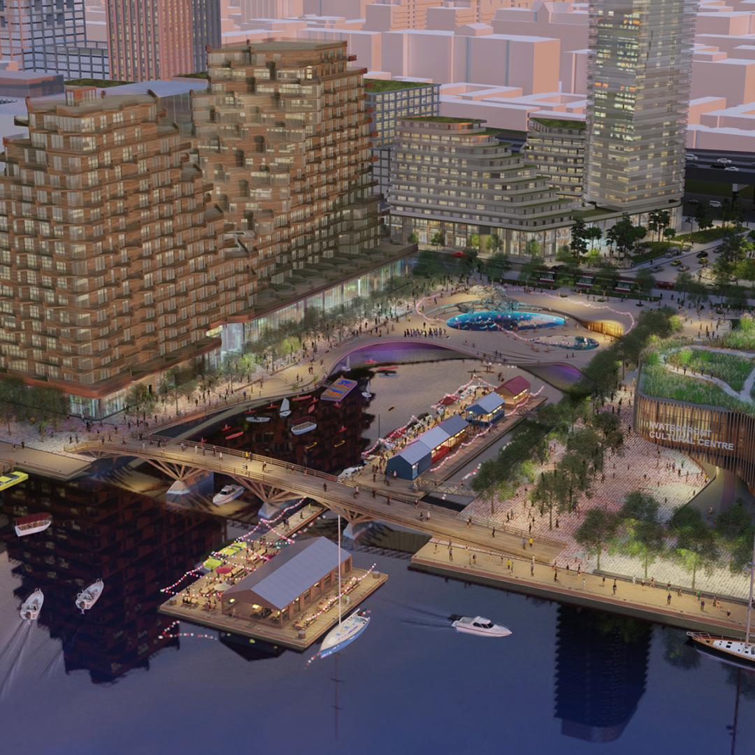 rendering showing a view of Quayside and the water's edge at dusk with building and park space