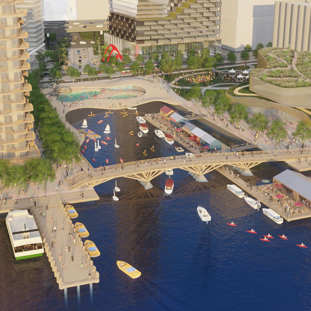 rendering that shows the water's edge and active marine use at the Parliament Slip