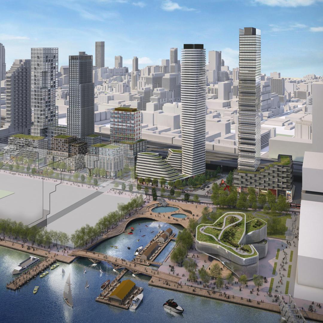 rendering showing aerial view of Quayside area with buildings and waterfront