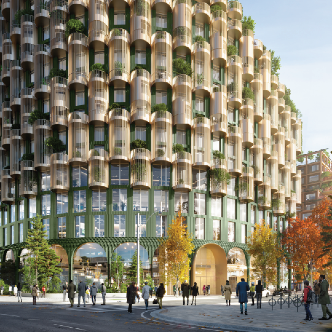 Rendering: a street-level view of a rounded apartment building with pedestrians passing by.