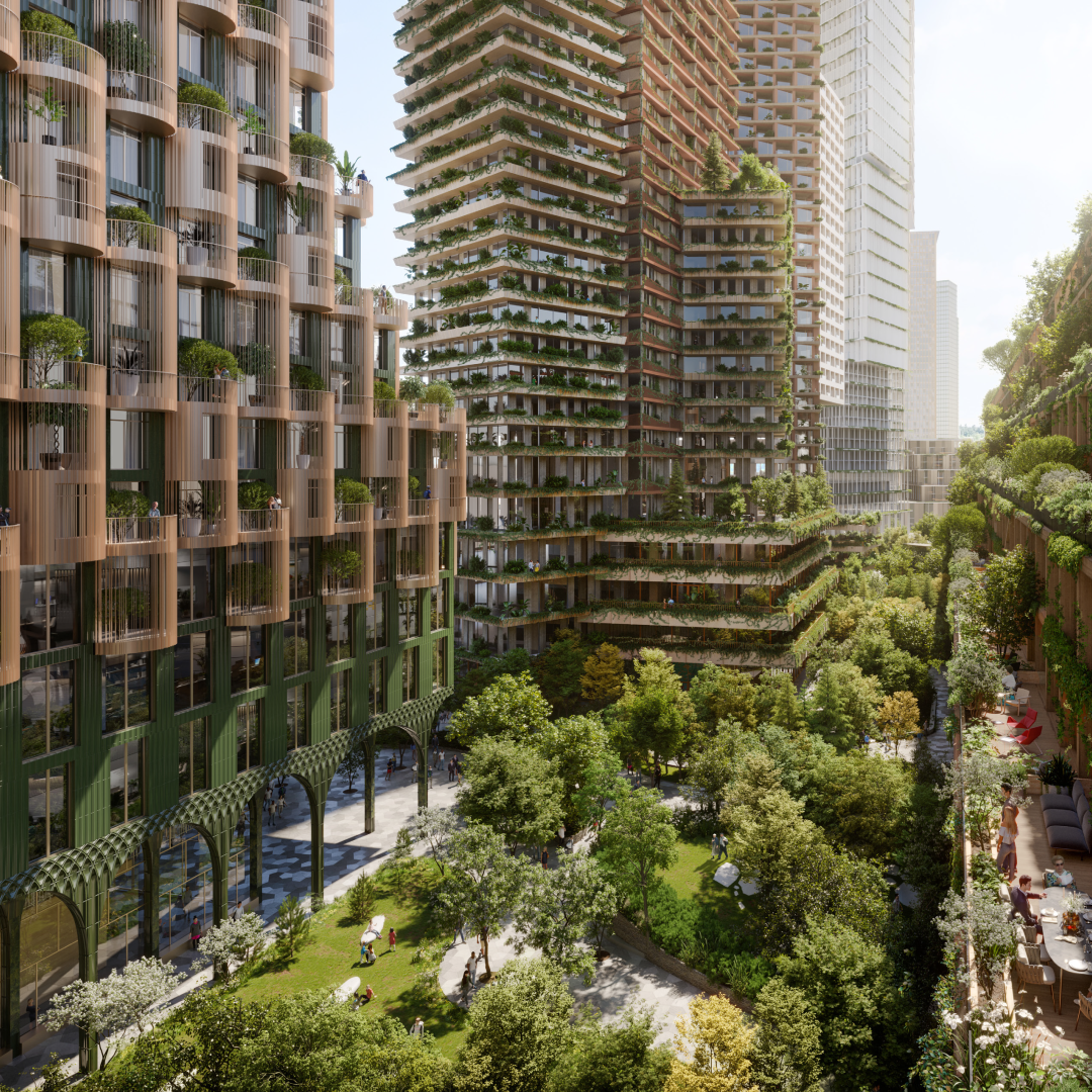 Rendering: a forested park space between tall buildings in a city.