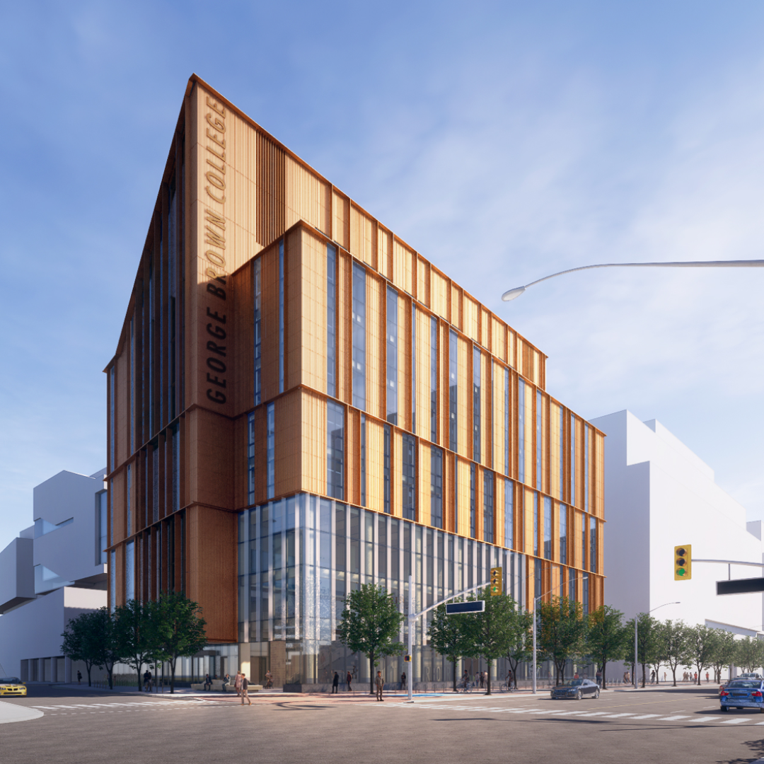 Rendering: a 10-storey mass-timber building at a city intersection. 
