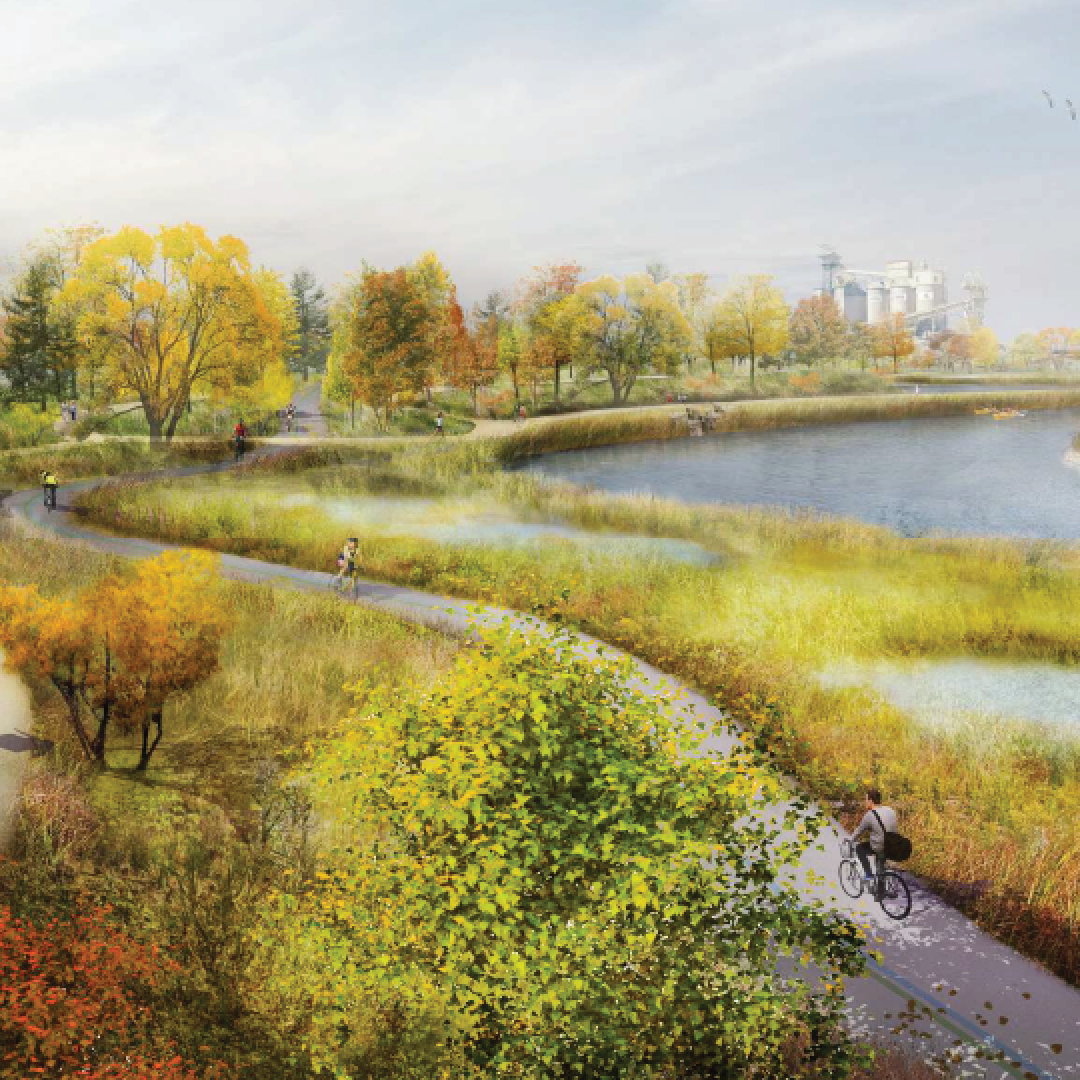 Rendering: a person running on a pathway in a riverside park. 